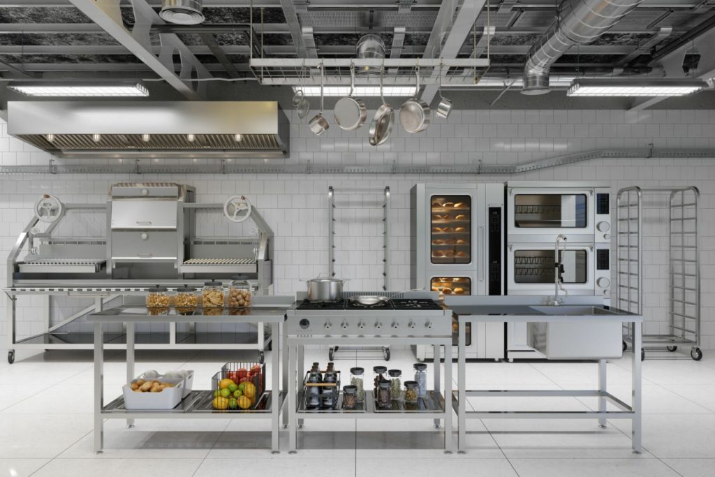 Commercial kitchen equipment in Malaysia with stainless steel workstations and ovens