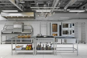 Commercial kitchen equipment in Malaysia with stainless steel workstations and ovens